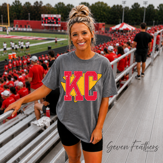 KC Red Gold Block Letter Comfort Colors tee in grey with bold red and gold distressed KC graphic
