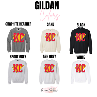 KC Red Gold Block Letter Gildan crewneck in graphite heather, sand, black, sport grey, ash grey, and white
