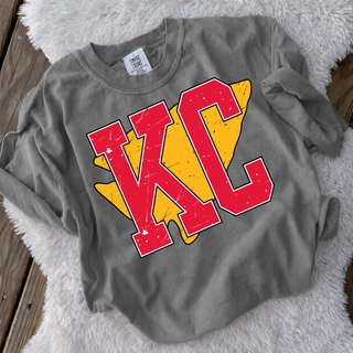 KC Red Gold Block Letter Gildan crewneck in grey with bold red and gold distressed KC graphic
