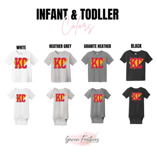 KC Red Gold Block Letter infant and toddler tee and onesie in white, heather grey, granite heather, and black
