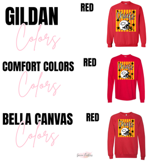 red crewneck sweatshirt and long sleeve top with gold stripe star kc helmet graphic, brand color chart
