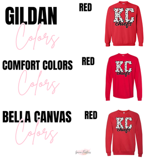 red crewneck sweatshirt and long sleeve top with star pattern kc lettering, brand color chart
