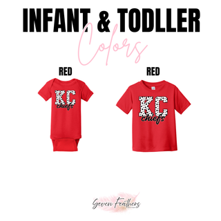 infant onesie and toddler tee in red with star pattern kc lettering, color chart
