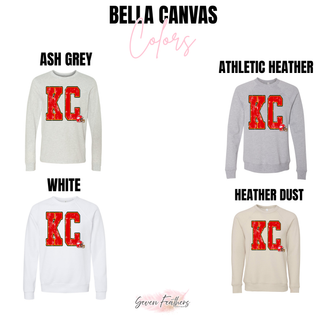 bella canvas long sleeve and crewneck in ash grey athletic heather white and heather dust with kc lettering, color chart
