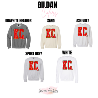 gildan crewneck sweatshirt in graphite heather sand ash grey sport grey and white with kc lettering, color chart
