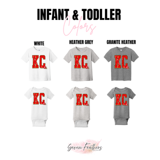 infant onesie and toddler tee in white heather grey and granite heather with distressed kc lettering, color chart
