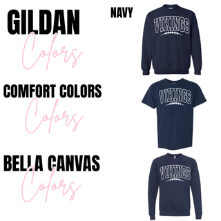 Gildan, Comfort Colors, and Bella Canvas navy color options for seaman vikings football lace graphic
