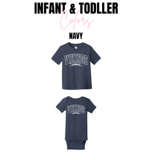 Infant and toddler navy tee and onesie color options for seaman vikings football lace graphic
