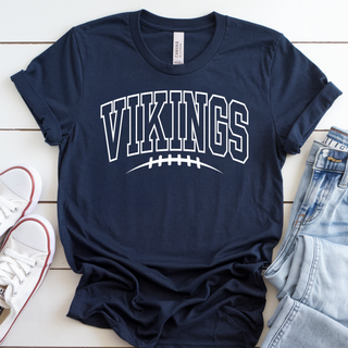 Navy Bella Canvas tee with seaman vikings varsity arch football lace graphic, flat lay with jeans
