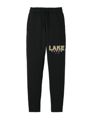 Black core fleece jogger with LAKE CHEER bold block text and Eagles mascot logo on left leg front view
