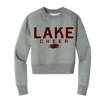 Heather grey crop crewneck with LAKE CHEER bold block text and Eagles mascot logo front view
