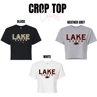 Lake Cheer Bold Block crop top color options in black, heather grey, and white
