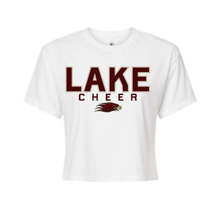 White crop top with LAKE CHEER bold block text and Eagles mascot logo front view
