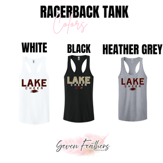 Lake Cheer Bold Block racerback tank color options in white, black, and heather grey
