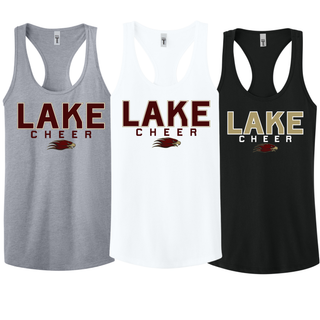 Lake Cheer Bold Block racerback tank with LAKE CHEER block text and Eagles mascot logo in heather grey, white, and black front view
