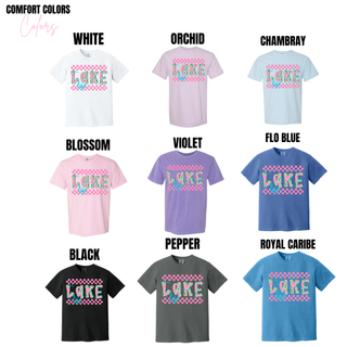 Comfort Colors tee color options for lake life checkered graphic in white, orchid, flo blue, and black
