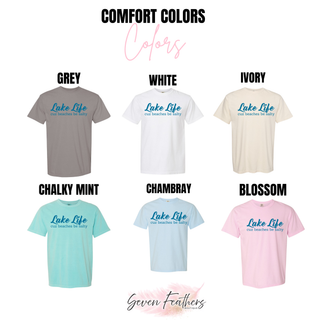 Comfort Colors tee swatch showing grey, white, ivory, chalky mint, chambray, and blossom