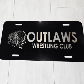 Laser Engraved Ogden's Outlaws Wrestling Original License Plate V1, matte black with silver skull-in-headdress engraving