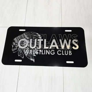 Laser Engraved Ogden's Outlaws Wrestling Original License Plate V2, matte black with silver skull-in-headdress engraving