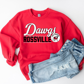 Red crewneck laid flat with Dawgs Rossville Bulldawgs Legacy Lines design and jeans
