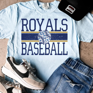 
Light blue short sleeve top with distressed leopard baseball and stripe graphic