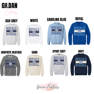 Gildan crewneck sweatshirt color chart with leopard baseball stripe graphic