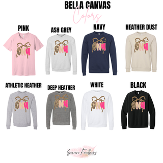 Bella Canvas CNA tops and crewnecks in pink, ash grey, navy, heather dust, athletic heather, deep heather, white, and black with leopard bow and CNA lettering
