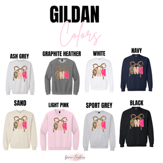 Gildan CNA crewnecks in ash grey, graphite heather, white, navy, sand, light pink, sport grey, and black with leopard bow and CNA lettering
