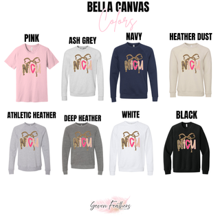 Bella Canvas NICU tops and crewnecks in pink, ash grey, navy, heather dust, athletic heather, deep heather, white, and black with leopard bow and NICU lettering
