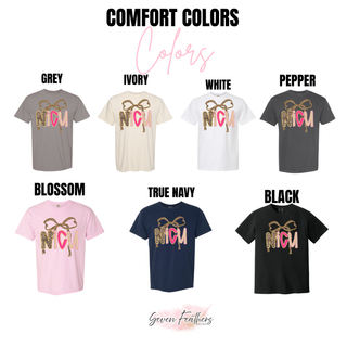 Comfort Colors NICU tops in grey, ivory, white, pepper, blossom, true navy, and black with leopard bow and pink NICU lettering
