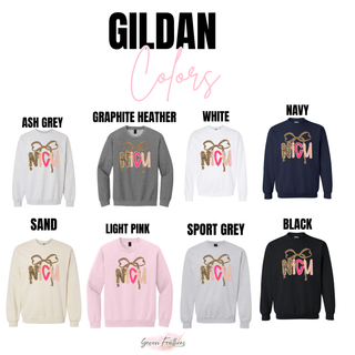 Gildan NICU crewnecks in ash grey, graphite heather, white, navy, sand, light pink, sport grey, and black with leopard bow and NICU lettering
