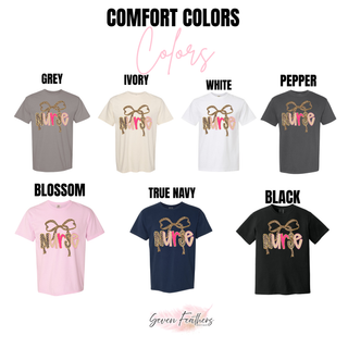 Comfort Colors Nurse tops in grey, ivory, white, pepper, blossom, true navy, and black with leopard bow and pink Nurse lettering
