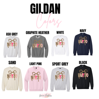 Gildan Nurse crewnecks in ash grey, graphite heather, white, navy, sand, light pink, sport grey, and black with leopard bow and Nurse lettering
