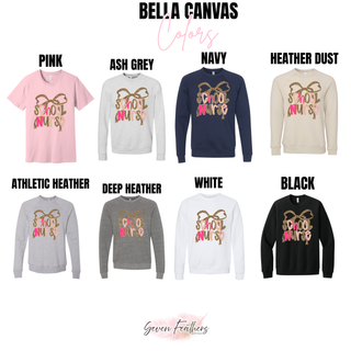Bella Canvas School Nurse tops and crewnecks in pink, ash grey, navy, heather dust, athletic heather, deep heather, white, and black with leopard bow and School Nurse lettering
