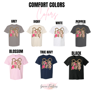 Comfort Colors School Nurse tops in grey, ivory, white, pepper, blossom, true navy, and black with leopard bow and School Nurse lettering
