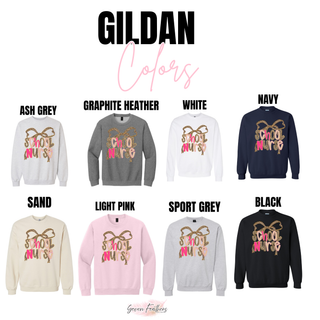 Gildan School Nurse crewnecks in ash grey, graphite heather, white, navy, sand, light pink, sport grey, and black with leopard bow and School Nurse lettering
