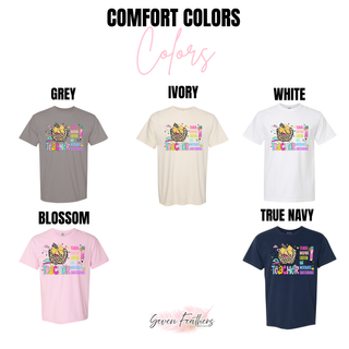Comfort Colors Leopard Bow Teacher tee in grey, ivory, white, blossom, and true navy
