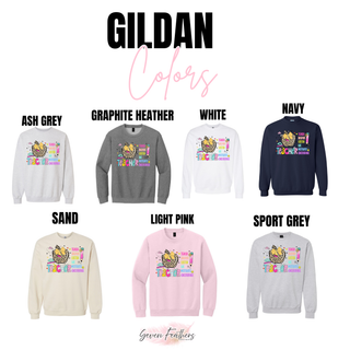 Gildan Leopard Bow Teacher crewneck in ash grey, graphite heather, white, navy, sand, light pink, and sport grey
