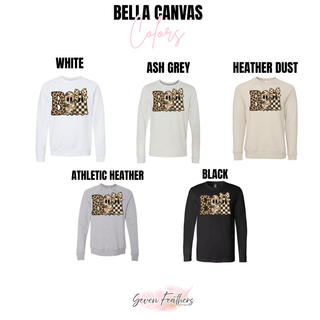 Leopard camo checkered bow Boo Halloween top shown in Bella Canvas colors: white, ash grey, heather dust, athletic heather, and black