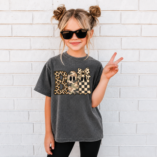 child model wearing faded charcoal tee with Boo Halloween graphic in leopard camo and checkered ghost lettering with polka dot bow