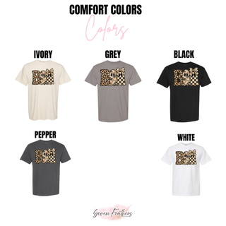 Leopard camo checkered bow Boo Halloween top shown in Comfort Colors colors: ivory, grey, black, pepper, and white
