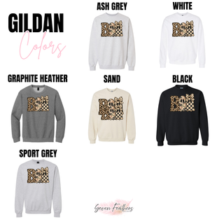 Leopard camo checkered bow Boo Halloween top shown in Gildan colors: ash grey, white, graphite heather, sand, black, and sport grey