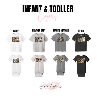 Leopard camo checkered bow Boo Halloween top shown in infant and toddler colors: white, heather grey, granite heather, and black