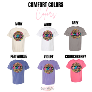 Comfort Colors leopard nurse graphic tee color options in ivory, white, grey, periwinkle, violet, and crunchberry

