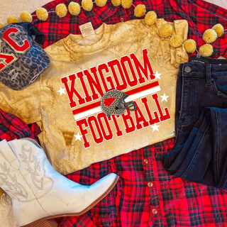 Leopard Helmet Football Mineral Wash Top - distressed mustard mineral wash tee with red lettering and leopard print helmet graphic, styled flat lay with jeans and boots