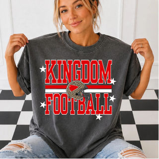 Leopard Helmet Football Pepper Top - heathered charcoal grey Comfort Colors crewneck with red block lettering and leopard print helmet graphic