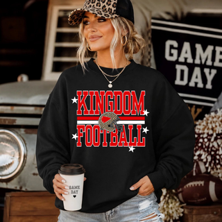 Black crewneck sweatshirt with red block lettering, a leopard-print football helmet, and white stars