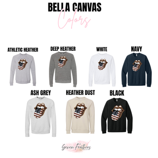 Bella Canvas sweatshirt color swatch chart showing seven colors with leopard lips American flag DTF print