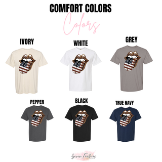 Comfort Colors color swatch chart showing six shirt colors with leopard lips American flag DTF print