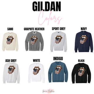 Gildan sweatshirt color swatch chart showing eight colors with leopard lips American flag DTF print